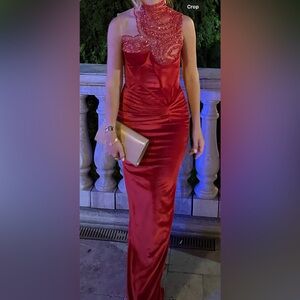 Sequin red velvet custom made evening prom gown from Kosovo size small 2/4
